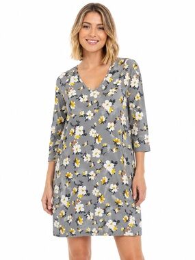 Blair Cotton Floral Shift Dress Gray Yellow V Neck Knit Womens Medium